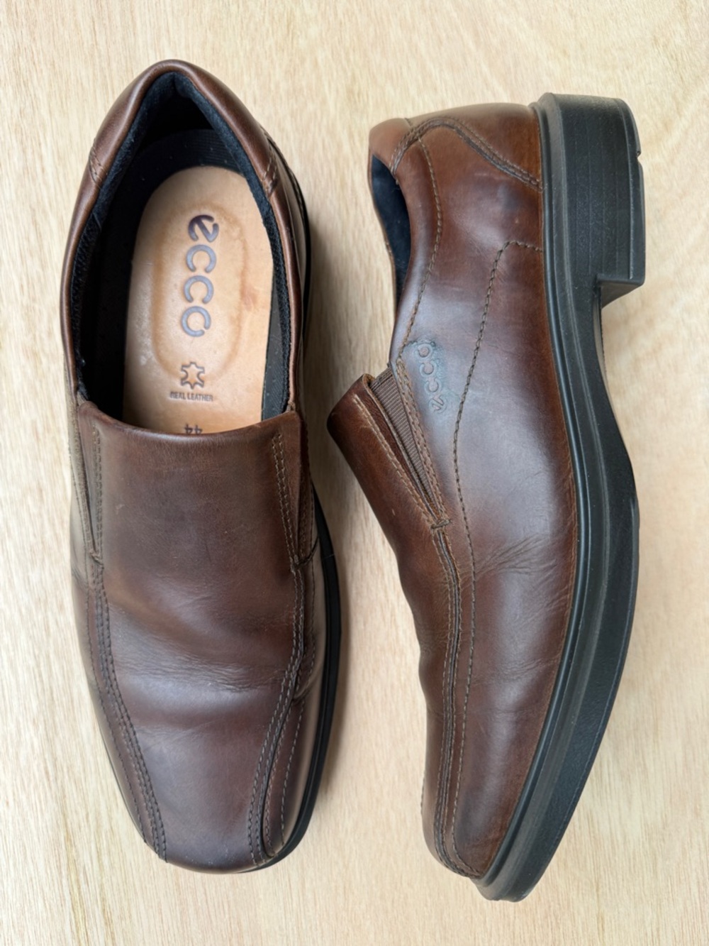 ECCO Helsinki Men Leather Bike Toe Slip On Loafers Brown Apron Dress Shoes 44